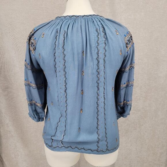 Raga Peasant Phoenix Blouse Beaded Blue Women's Size Large Viscose - Picture 5 of 12